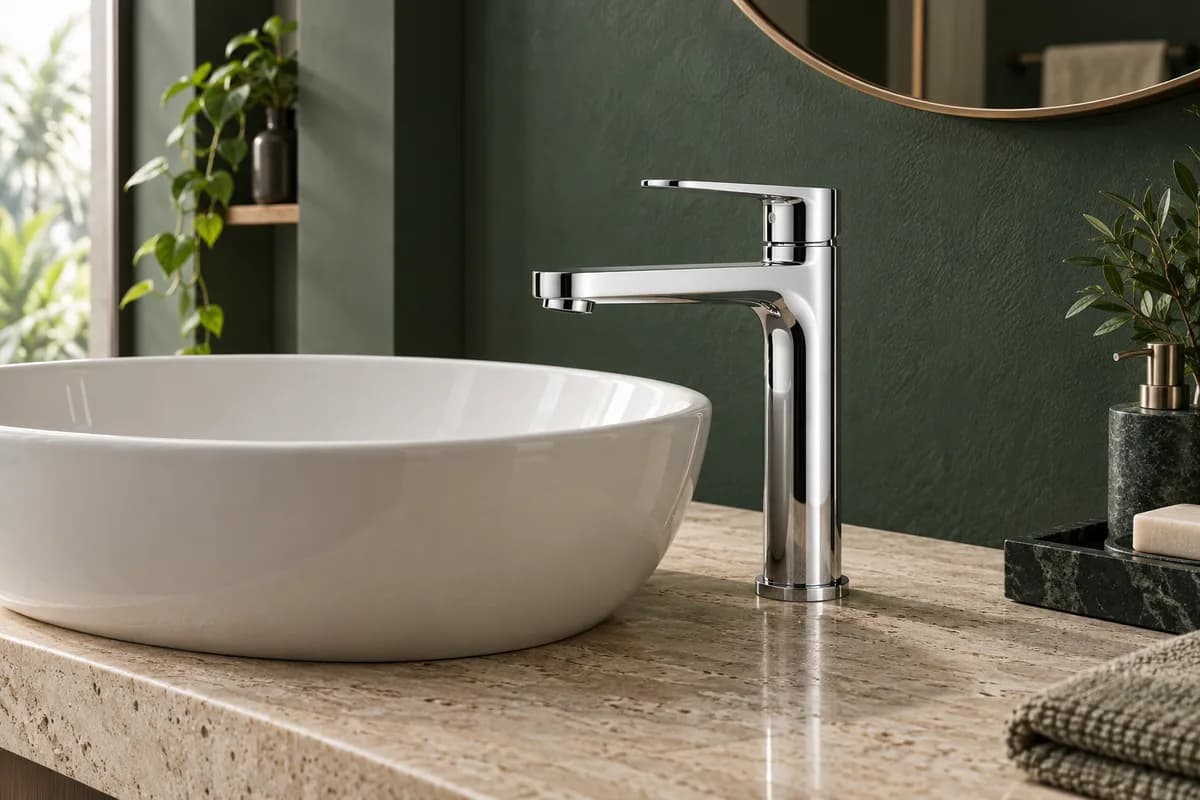 Bathroom design inspiration with a chrome basin faucet, stone countertop and green wall